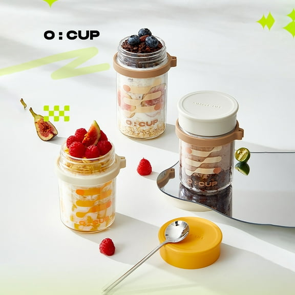 Portable Graduated Glass Jar Breakfast Cup with Lid and Spoon | Sealed Leakproof Coffee Mug | Insulated Oatmeal Container | Multipurpose Travel Food Storage | Compact Healthy Drink Holder | 400ml