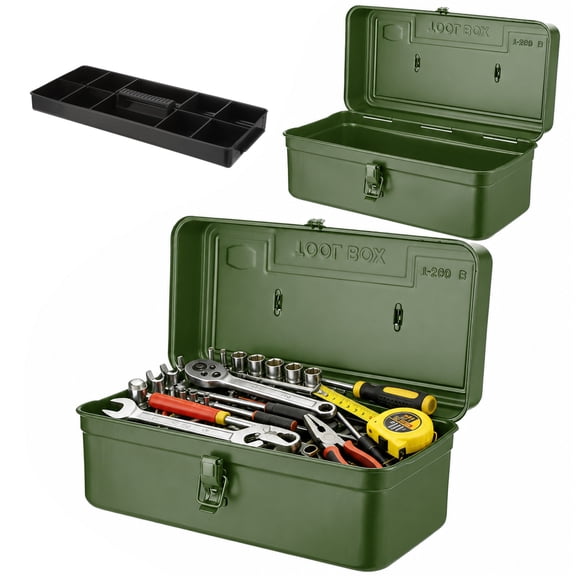 Portable Green Metal Tool Box with Removable Plastic Dividers, 14.2 x 6.8 x 6.5 in Storage Container with Lockable Latch for Craft Supplies, Garage Organization, Home Projects