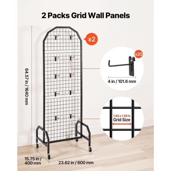 Portable Gridwall Panel Set - 2 Black Wire Grids (1.9' x 5.4') on Wheels, Includes 20 Hooks for Craft Fair, Display Rack, Notice Board & Storage