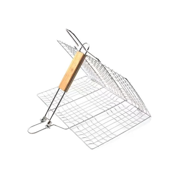 Portable Grill Basket 30x22 cm Stainless Steel BBQ Grilling Basket with Removable Wooden Handle, Tight Mesh Cooking Rack for Chicken Fish Vegetables Camping Outdoor Grill Dad Gift