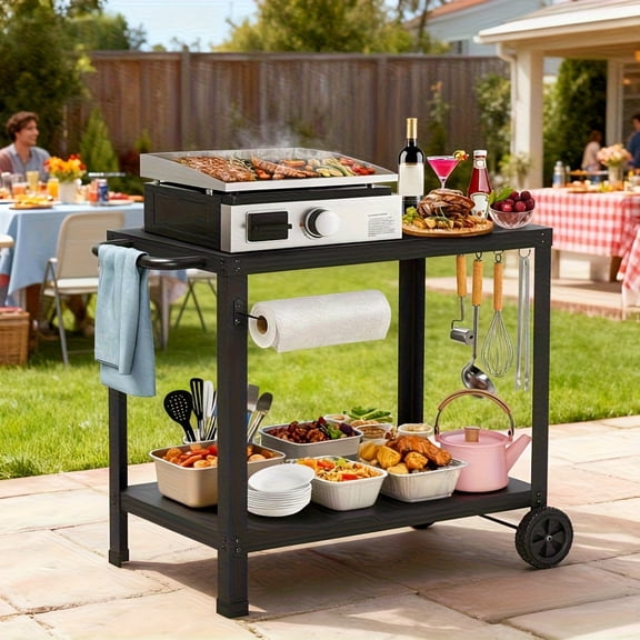 Portable Grill Cart with Wheels, Double-Shelf Grill Table, Movable BBQ Platform, Kitchen Island, Pizza Oven Table for Outside, Side Handle, Outdoor Cooking And Entertaining, Black