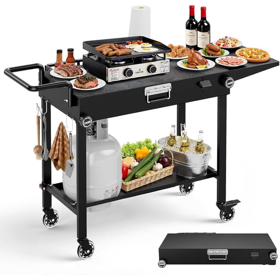 Portable Grill Cart for stone Griddle, 440lb Foldable Outdoor Grill Table with Wheels for , 31" W x 17" D stone Griddle Stand with Caddy Fit 17 or 22,