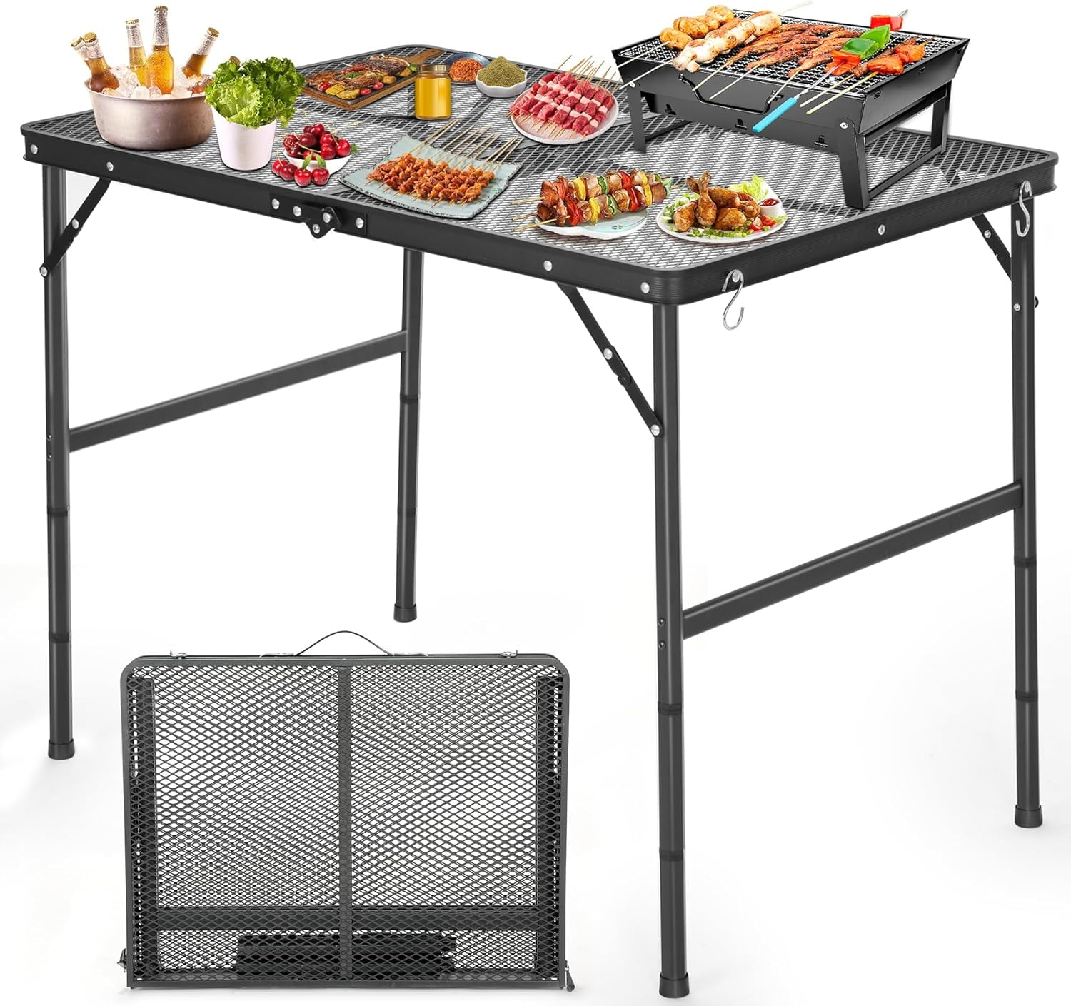 Black Adjustable Folding Grill Table with Mesh Desktop