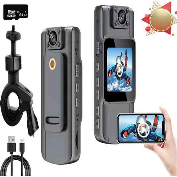 Portable HD Action Camera, 1080p mini Wearable Action Camera, Night Vision Actions Cameras, Police Body Camera, Body Cam with Audio, Video Camera Recorder (Direct Recording 4K + Bracket + 64GB Card)