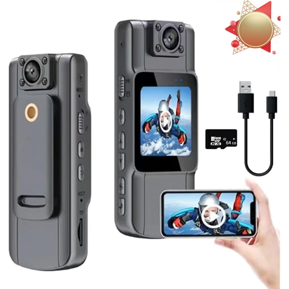 Portable HD Action Camera, 1080p mini Wearable Action Camera, Night Vision Actions Cameras, Police Body Camera, Body Cam with Audio, Video Camera Recorder (Direct Recording 4K + 64GB Card)