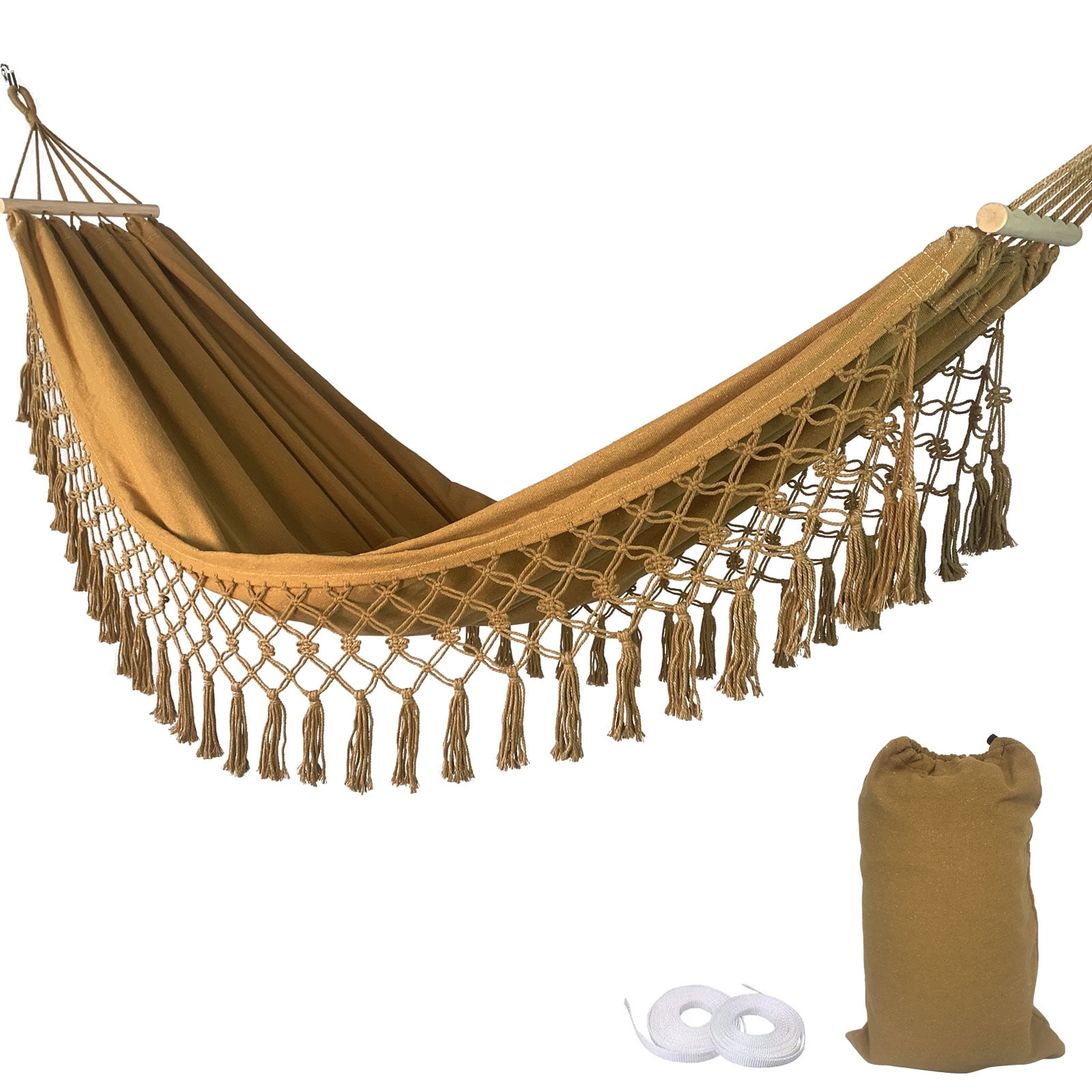 Portable Hammock Boho Tassel Nest Hammock Camping Double Hanging Swing Bed Suitable for Yard, Beach, Backyard, Garden (Camel)