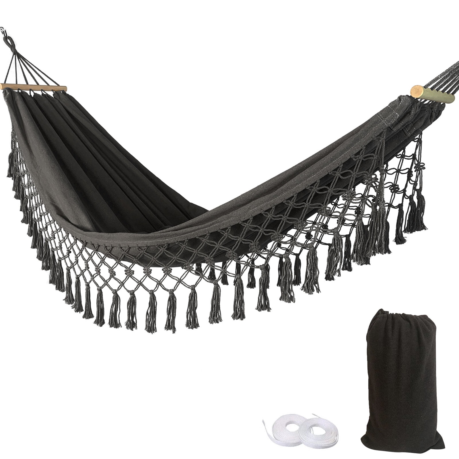 Portable Hammock Boho Tassel Nest Hammock Camping Double Hanging Swing Bed Suitable for Yard, Beach, Backyard, Garden (Dark Gray)