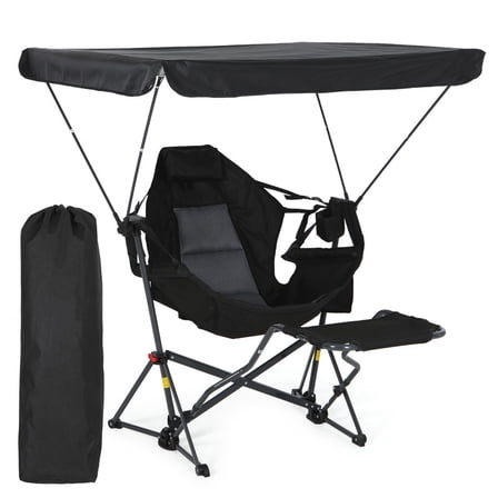 Portable Hammock Camping Chair with Adjustable Canopy & Footrest, Foldable Swing & Rocking Design, Shade, Cup Holder for Camping & Picnic (1 Pack)