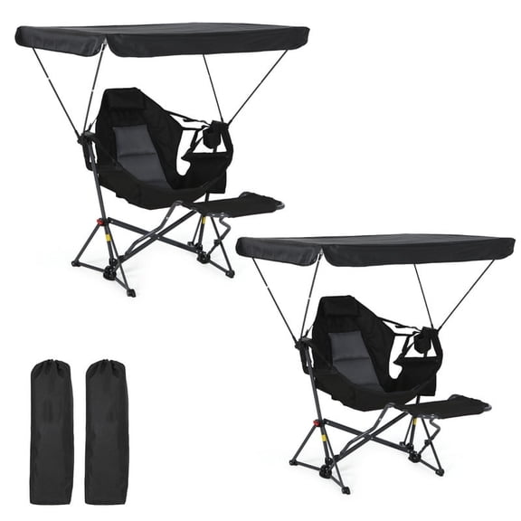 Portable Hammock Camping Chair with Adjustable Canopy & Footrest, Foldable Swing & Rocking Design, Shade, Cup Holder for Camping & Picnic (2 Pack)