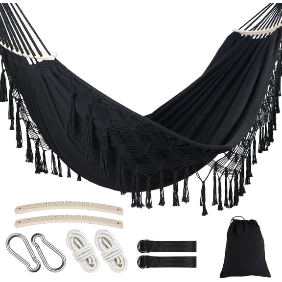 Portable Hammock, Hanging Hammock with Tassels and Fishtail Knitting, 320GSM Hanging Bed with Set Full Accessories for Outdoor Camping Patio Balcony Black