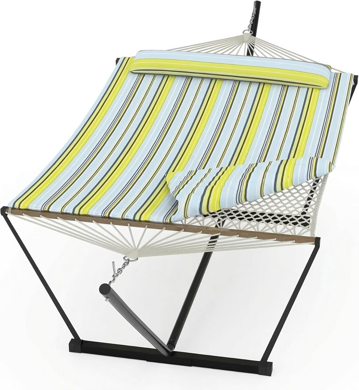 Portable Hammock with Stand & Carry Bag, Heavy Duty 450Lb Capacity, Quilted Polyester & Net Design, for Indoor & Outdoor Use, Light blue & Green Stripes