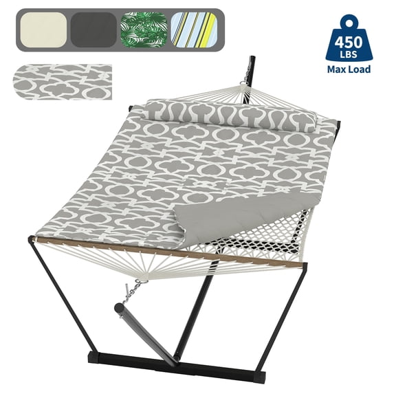 Portable Hammock with Stand & Carry Bag, Heavy Duty 450Lb Capacity, Quilted Polyester & Net Design, for Indoor & Outdoor Use, Light Gray