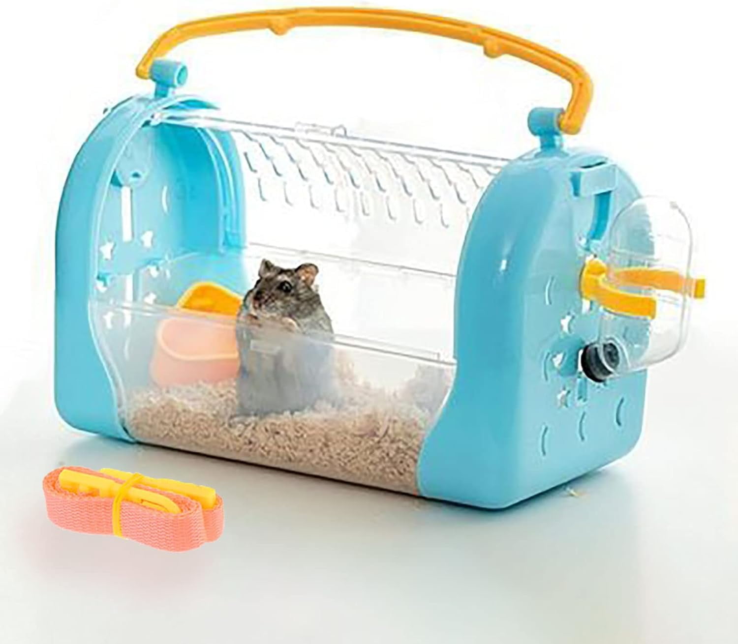 Portable Hamster Cage Dwarf Hamster Carry Travel Cage with Water Bottle Food Bowl Adjustable Strap Pet Outgoing Cage for Gerbil Hedgehog Mice Squirrel