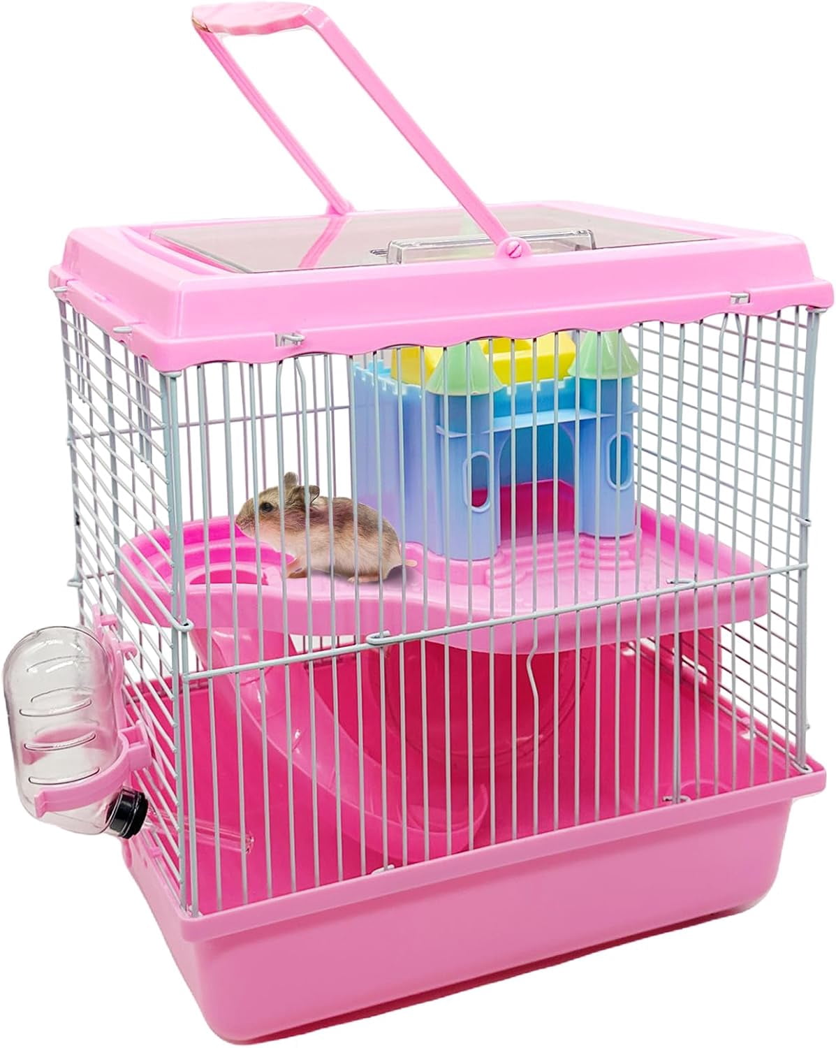 Portable Hamster Travel Carrier Cage with Water Bottle, Breathable Dwarf Hamster Carry Case for Outdoor Travel, Small Animal House for Gerbil Mice