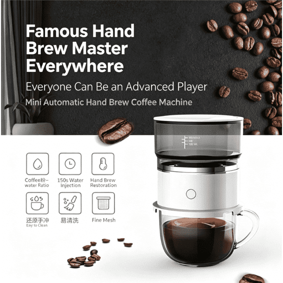 1-Cup Drip Coffee Makers Portable Hand Drip Coffee Maker Mini Battery Powered American Coffee Machine, 150s Automatic Drip with Precise Temperature Control, 304 Stainless Steel Filter 