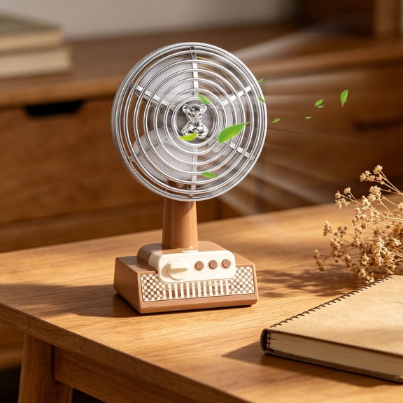 Portable Hand Held Fan Cream Bear Printed Base Three-gear Large Wind Tone Desktop Small Desk Fan Cartoons Rechargeable Small Fan Travel Camping Outdoor Use