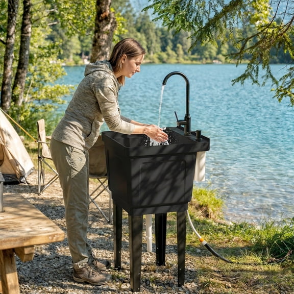 Portable Utility Sink Laundry Tub, Freestanding Laundry Sink with Faucet Soap Dispenser Hoses, Black