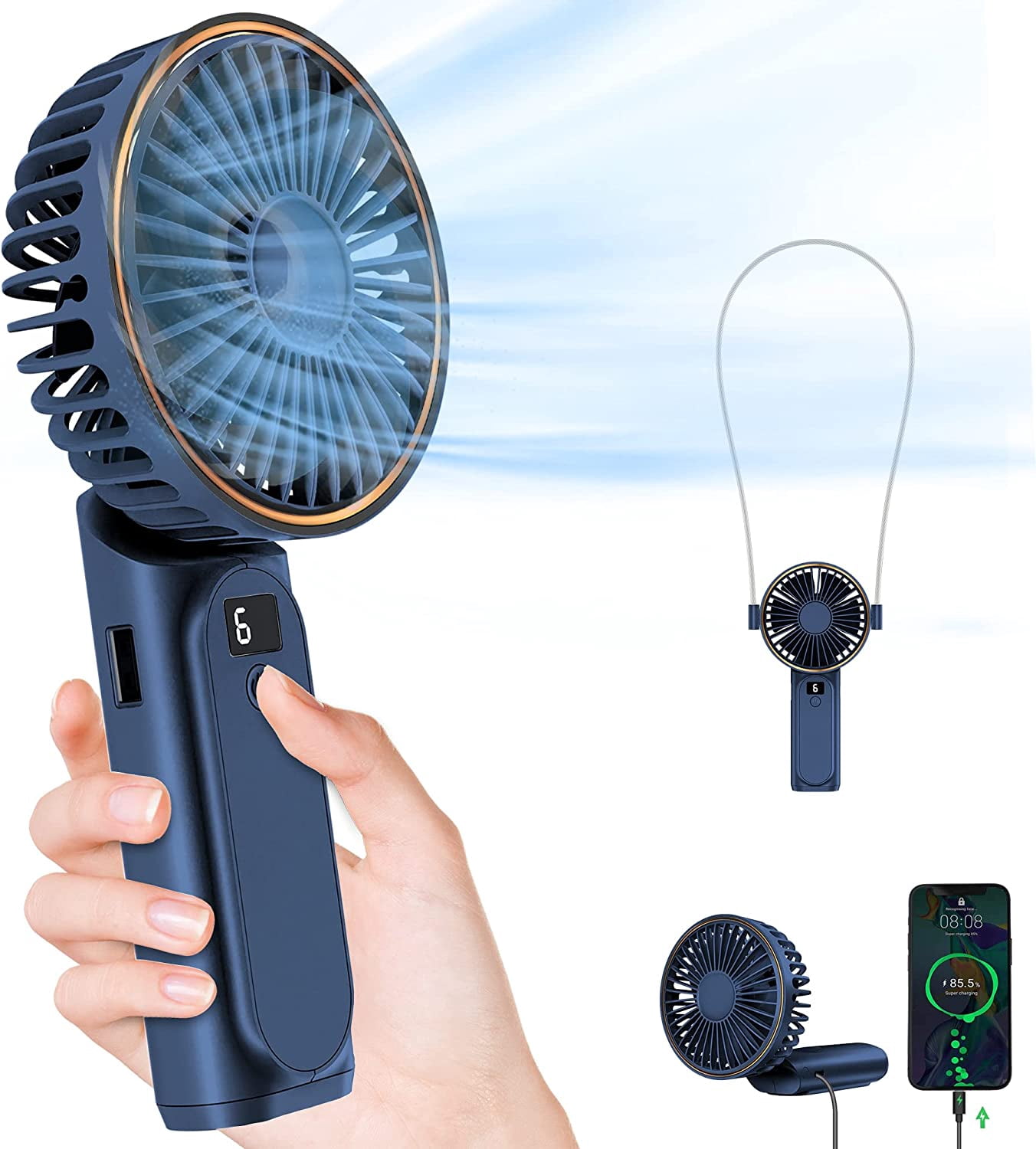 Portable Handheld Fan, 4000mAh, 180 Adjustable, 6 Speed Wind, USB Rechargeable Foldable Fan with Real-Time Electricity Display