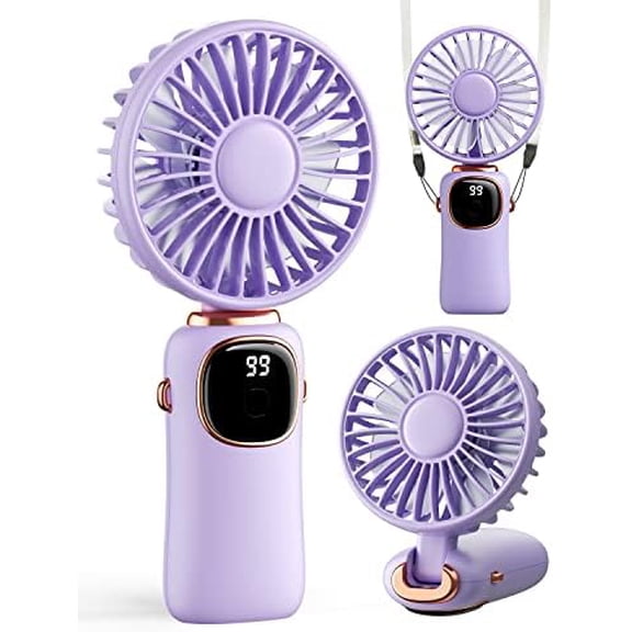 Portable Handheld Fan, 4000mAh Battery Operated 3 in 1 Multifunction Personal Travel Fans with Digital Display, 90° Foldable Desk Fan with Base, 5 Speed Lash Fan for Makeup/Commute/Office