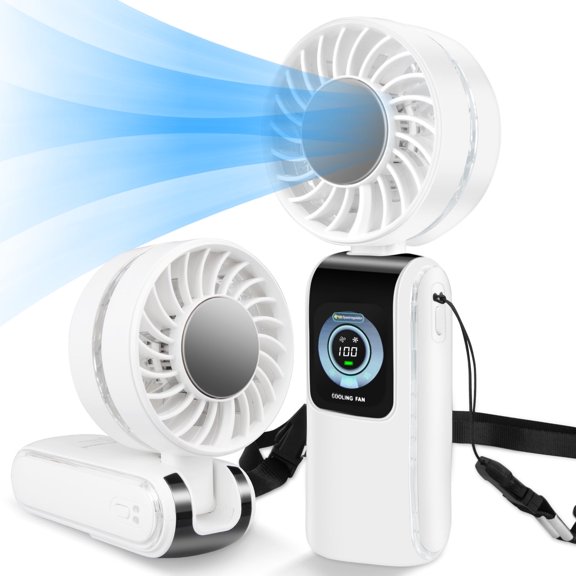 Portable Handheld Fan,5 Gear Wind,Mini Foldable Fan USB Rechargeable Battery Operated,LED Display 100 Speed Wind 24Hours 3 IN 1 Personal Hand Fan Cooling Neck Fan for Outdoor,Travel,Working (White)