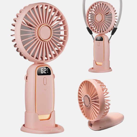 Portable Handheld Fan, Portable Fan with Base, LED Display, 5-Speed Wind, Foldable Fan, Rechargeable 3 in 1 Handheld/Neck/Desk Fan for Outdoor Indoor, Pink