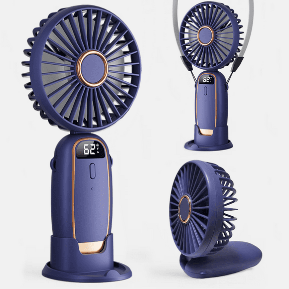 Portable Handheld Fan, Portable Fan with Base, LED Display, 5-Speed Wind, Foldable Fan, Rechargeable 3 in 1 Handheld/Neck/Desk Fan for Outdoor Indoor, Blue