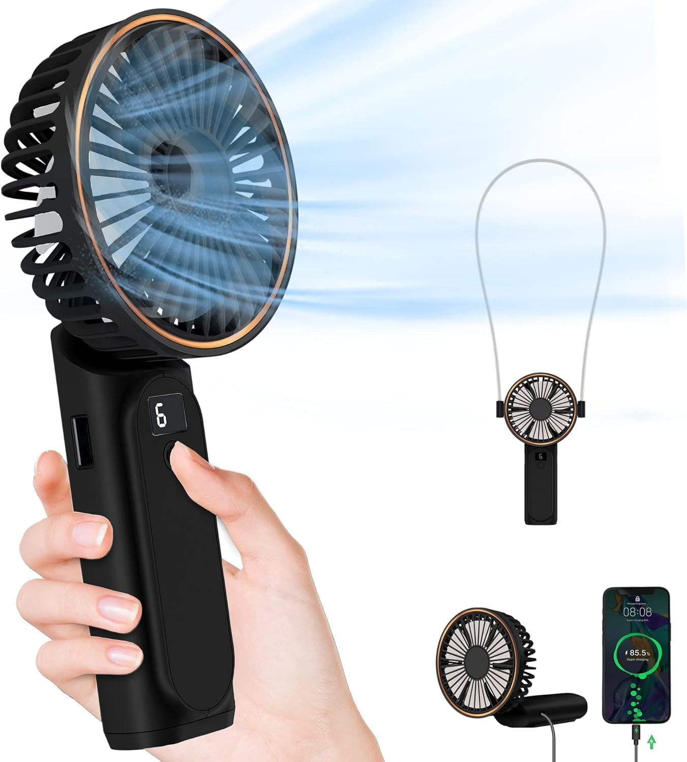 Portable Handheld Fan, Portable Fan Rechargeable, 4000mAh, 180° Adjustable, 6 Speed Wind, Display Electricity in Real Time, USB Rechargeable Foldable Fan, Quiet Personal Fan as Power Bank