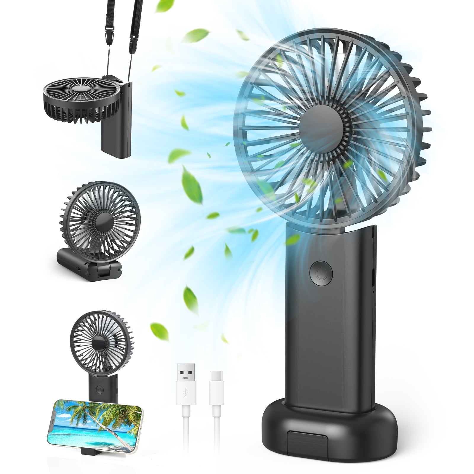 Portable Handheld Mini Fan, Neck Fan, 3000mAh Desk Fan, 180 Adjustable, 3 Speed Wind, USB Rechargeable Foldable Fan, Quiet Personal Fan with Power Bank - Black