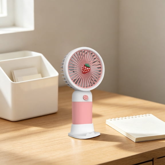Portable Handheld Mini Fan, USB Rechargeable Desktop Fan with Phone Holder Base, Cute Small Cooling Fan with 3D Strawberry Decor, Summer Lightweight Design for Travel, Office, Outdoor Use, Pink