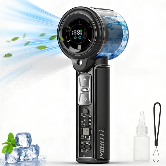 MIBOTE Handheld Rechargeable Misting Fan with Digital Display, 30ml Water Tank, Multiple Speeds, Portable for Outdoor and Travel – Black