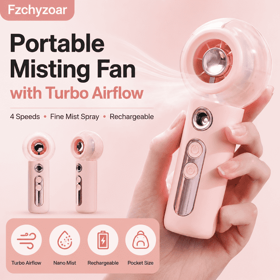 Portable Handheld Misting Fan, Rechargeable Mini Handheld Cooling Fans with Turbo Airflow & Fine Mist Spray, 4 Speed Powerful Personal Fan, Compact for Travel, Beach, Camping, Office, Outdoor (Pink)