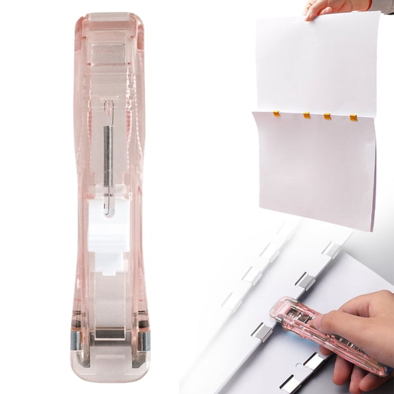 Portable Handheld Paper Clam Clip Dispenser, Refills Mini Push Stapler Dispenser, Fast Paper Clipper, Quick Paper Fastening Tool for Documents, Home, Desk and Office Supplies, Pink