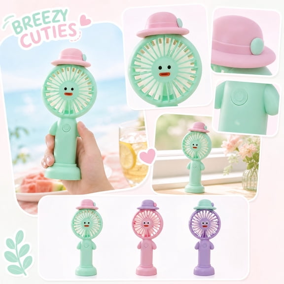 Portable Handheld Rechargeable Mini Personal Fan with Cartoon Character Design Three Speed-Settings Airflow Device for Summer Travel Outdoor Events Commuting Gift Idea, 1Pack Mint Green