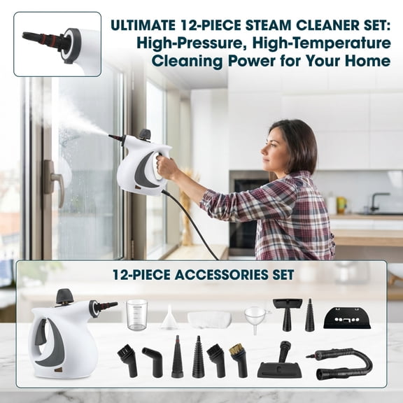 Portable Handheld Steam Cleaner, High Pressure Steaming to Cut Through Caked Oil and Grime, Pressurized Handheld Steam Cleaner for Home Kitchen Window Fabric Use, 12-Piece