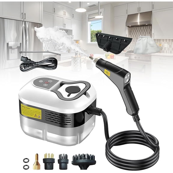 Portable Handheld Steam Cleaner,High Temperature,Handle Controllable Switch/Intelligent Digital Display,4 Brush Heads for Car, Kitchen, Furniture, Grout, Tile,White