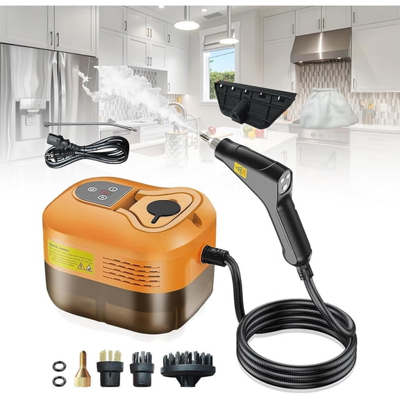 Portable Handheld Steam Cleaner,High Temperature,Handle Controllable Switch/Intelligent Digital Display,4 Brush Heads for Car, Kitchen, Furniture, Grout, Tile,Orange