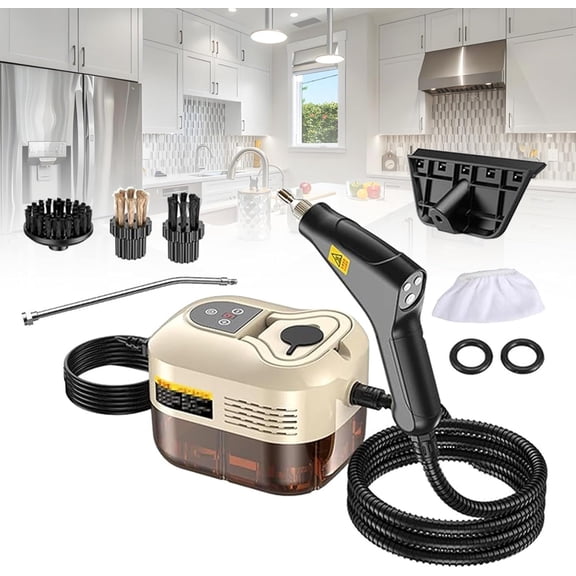 Portable Handheld Steam Cleaner,High Temperature,Handle Controllable Switch/Intelligent Digital Display,4 Brush Heads for Car, Kitchen, Furniture, Grout, Tile,Beige