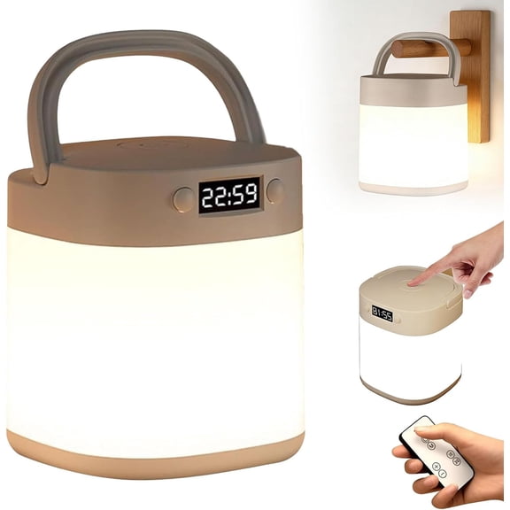 Portable Handle Cordless Night Lamp with Clock, LED Touch & Remote Control Bedside Lamp, USB Rechargeable Dimmable 3 Color Temperature Light for Bedroom, Camping, Emergency (with Clock,with Remote)