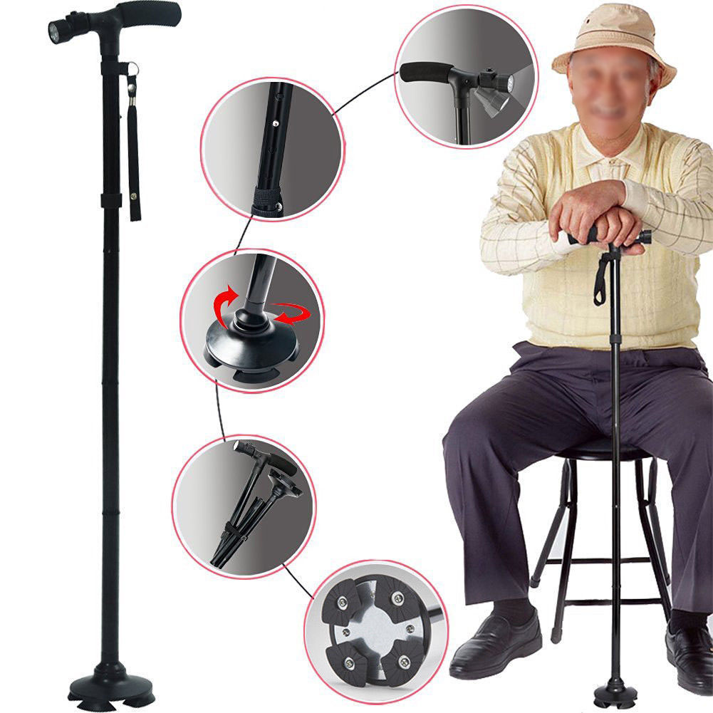Portable Handle Walking Cane Walking Stick Folding LED Safety 4 Head Pivoting Trusty Base Black - image 1 of 10