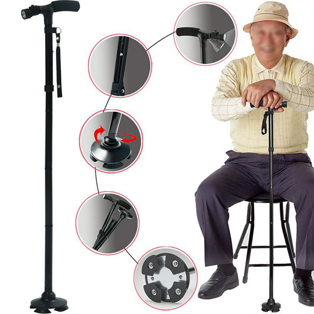 Portable Handle Walking Cane Walking Stick Folding LED Safety 4 Head Pivoting Trusty Base Black