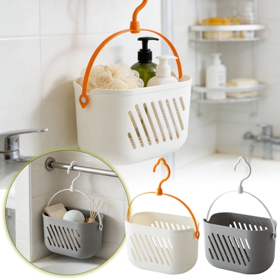 Portable Hanging Bath Basket, Ventilated Shower Caddy With Rotating Hook, No-Drill Bathroom Storage Organizer For Tub, Shower & Kitchen Use Gray-32Cm