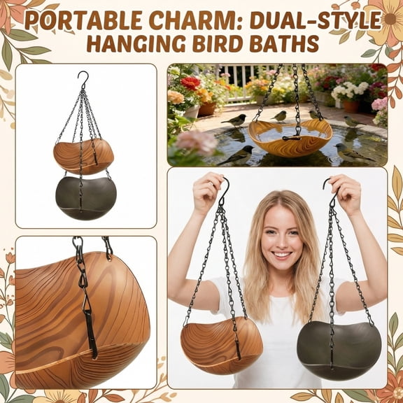 Portable Hanging Bird Bath, Cute And Practical Design For Backyard Garden, With Ceramic Water Basin And Metal Hook, 10cm Diameter