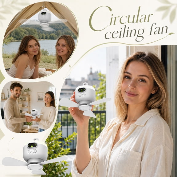 Portable Hanging Ceiling Fan, Rechargeable Camping Fan, Portable Ceiling Fan for Tent, Hanging Tent Fan, 11X11X4.5 Inch Small Dorm Bed Fan with Remote, Charging Cable, Metal