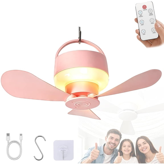 Portable Hanging Fan Light 118 Inch Wires Rechargeable, 5-Speed, 3-Level Brightness, Remote Control, Detachable Blades For Camping, Bedroom, Indoor & Outdoor Use(RL Pink)