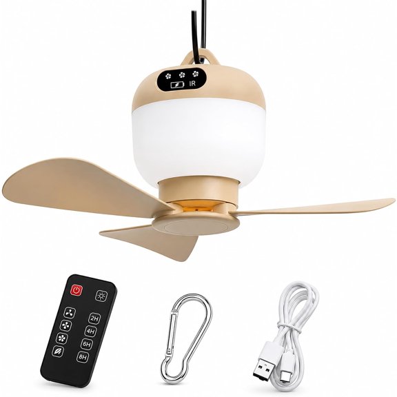 Portable Hanging Tent Fan with Light & Remote, Rechargeable Camping Fan | Compact Personal Hanging Cooling Fan, Small Tents, RV & Rooftop Tent Camping, Timer, 3 Speeds, 3 Light Modes Ambient Light
