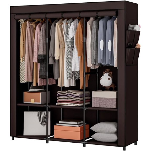Portable Hanging Wardrobe Organizer with Metal Frame and Non-Woven Fabric 50 Inch, Coffee