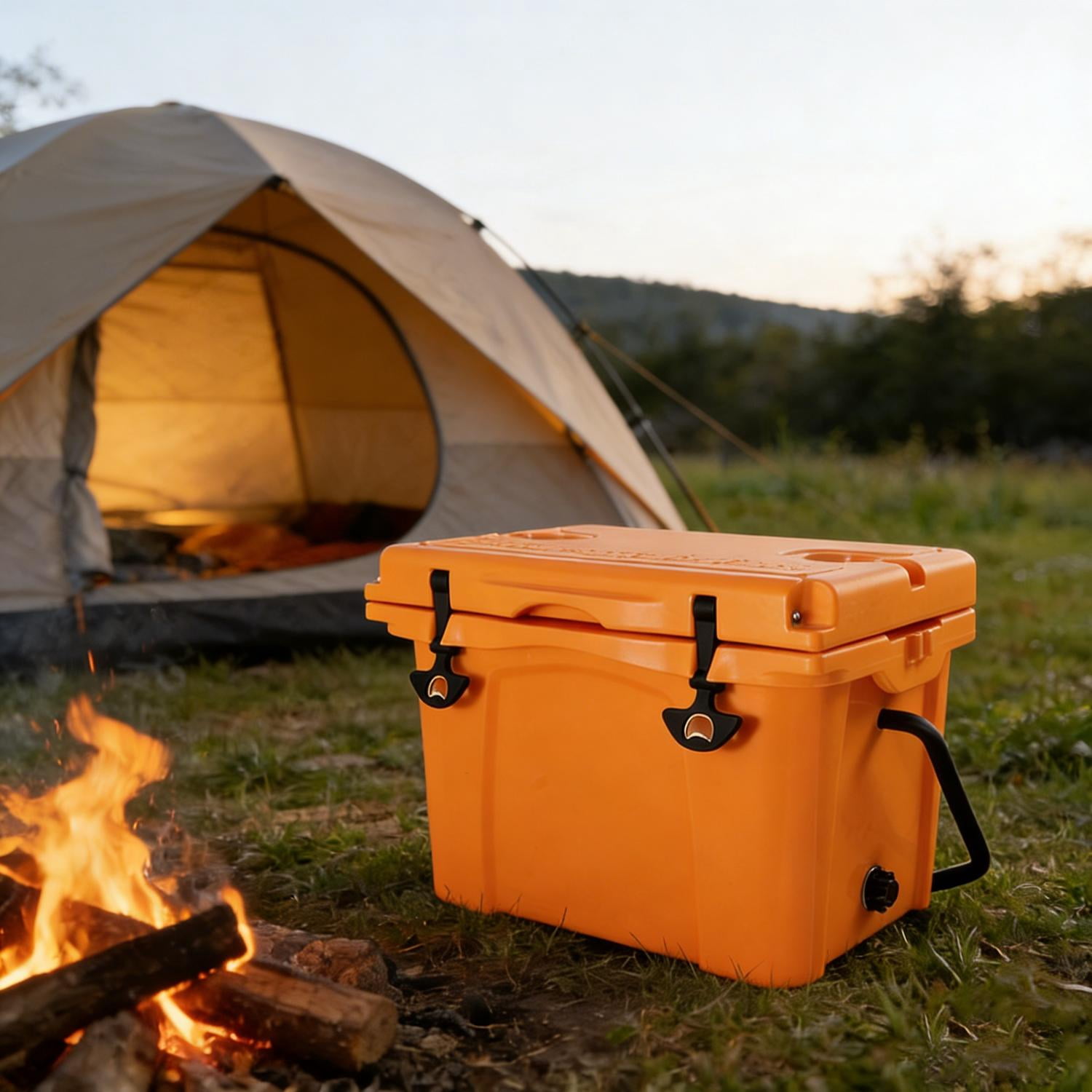 Portable Hard Cooler 25QT, Rotomolded Insulated Cooler Box with Bottle Opener, Heavy Duty Ice Chest with Cup Holder for Camping, Fishing, Beach, Tailgate, Orange