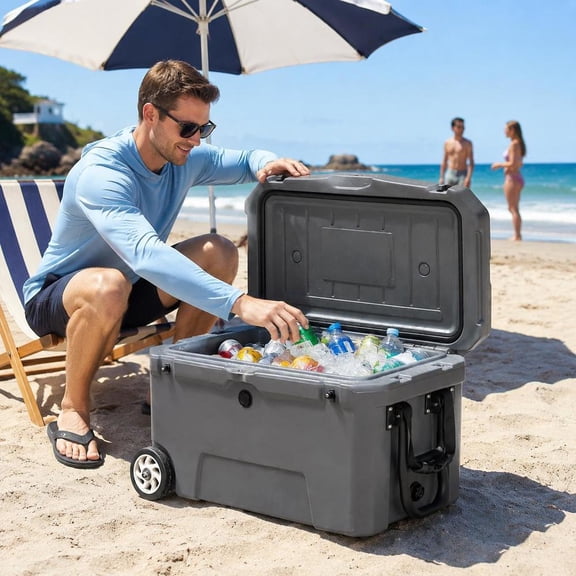 Portable Hard Cooler, 52 Quart Wheeled Ice Chest with 6-Day Ice Retention, Heavy Duty for Camping, Gray
