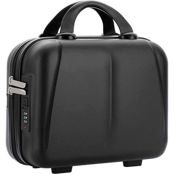 Portable Hard Shell Cosmetic Travel Case, Travel Hand Luggage with Elastic Band, ABS Carrying Makeup Case Suitcase with Clip-on Function, Black