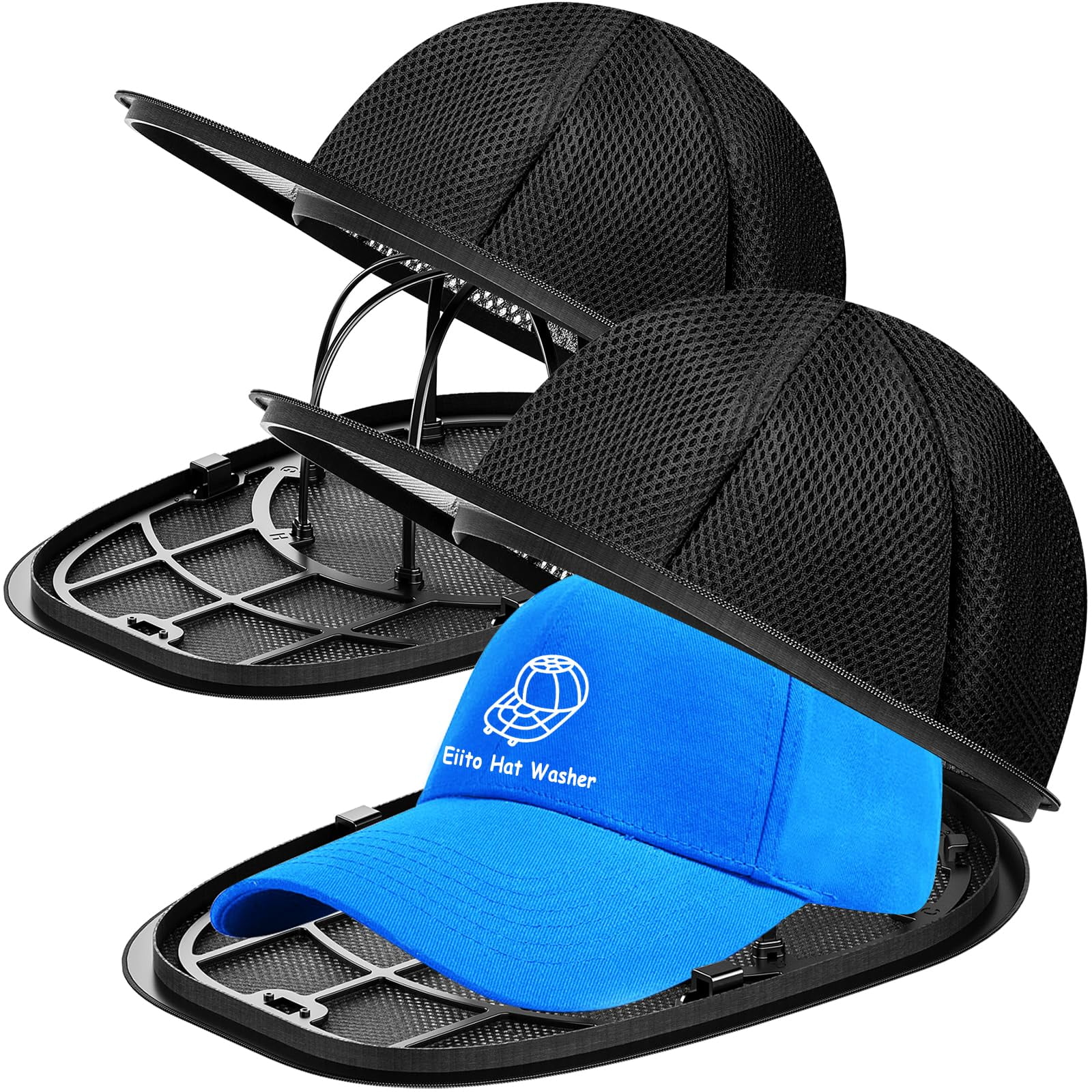 Portable Hat Washer Cage 2-Pack - Baseball Cap Cleaning Kit for Washing Machine, Hat Shaper & Protector with Mesh Bags